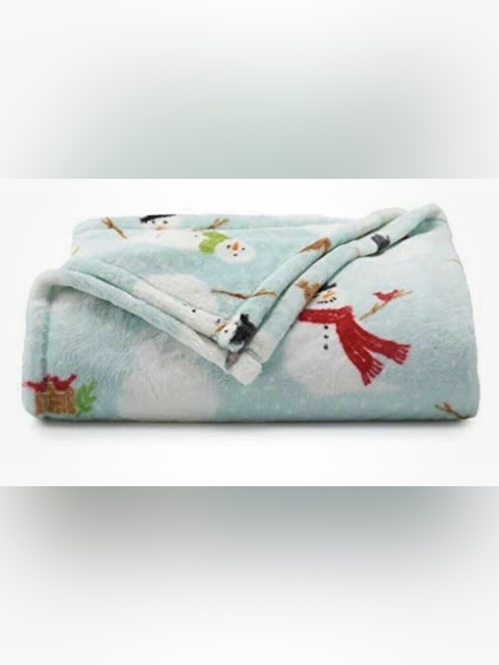 The Big One Light Blue Snowman Throw Blanket with Red and Green Accents
